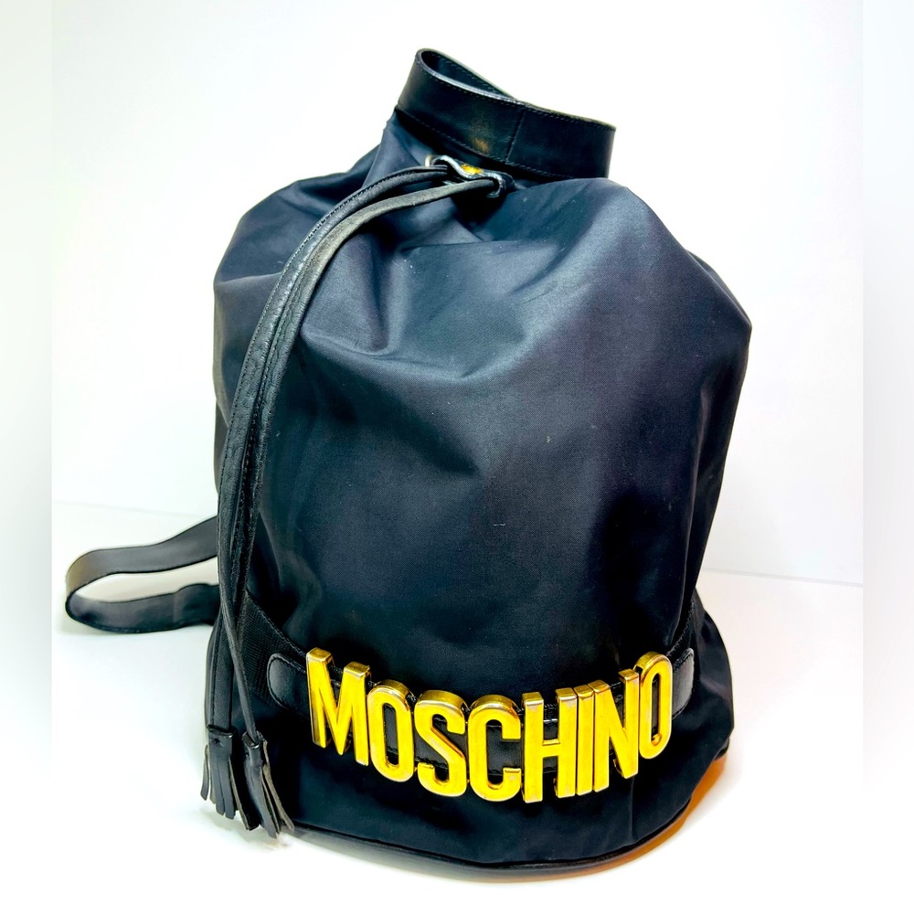 Moschino Iconic Vintage Bucket Backpack with Gold Signature Hardware /Collection